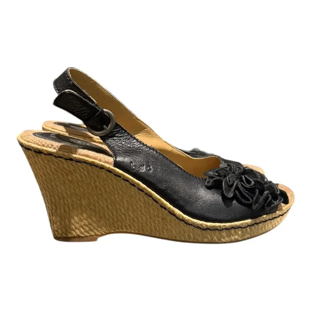 BOC Born Women’s Size 9 Black Leather Flower Open Toe Slingback Wedge Sandal